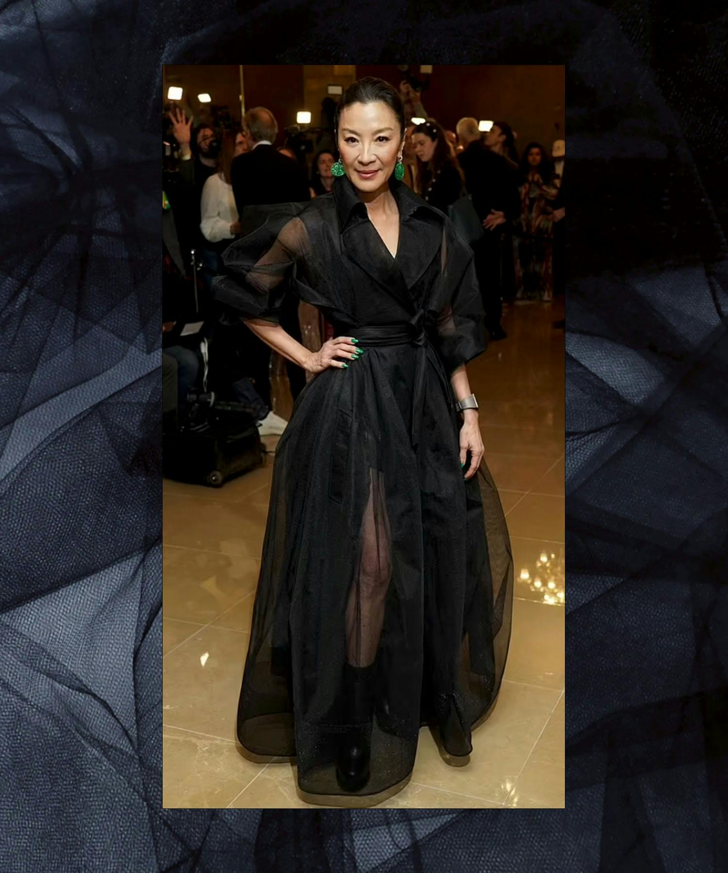 Michelle Yeoh in a black tulle dress