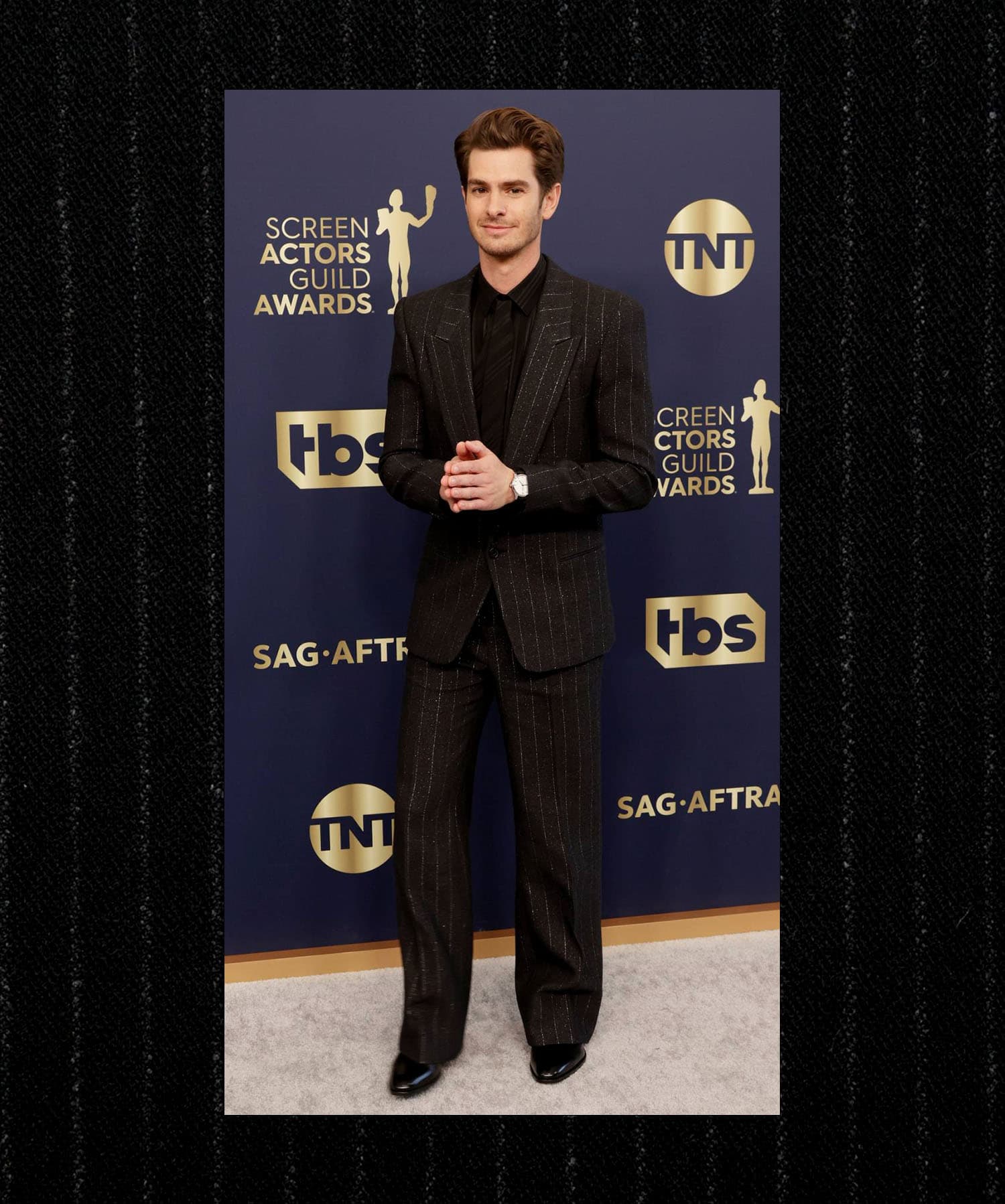 Andrew Garfield in a stripe wool suit